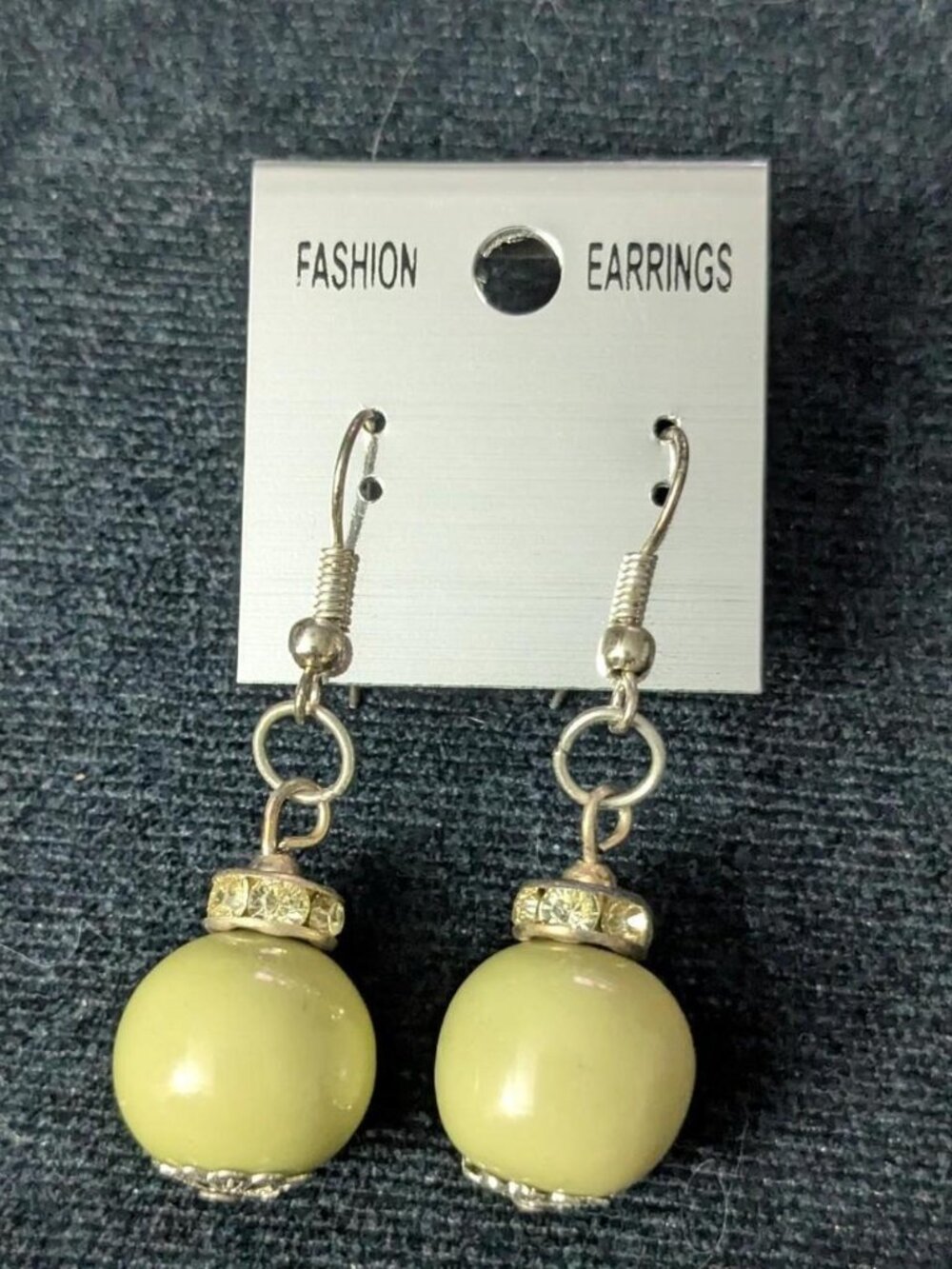 Olive Bead Earrings w/ Rhinestone & Silver Accents